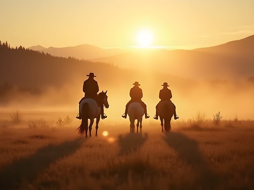 Horses in morning mist with riders in Willamette Valley with golden light and silhouettes