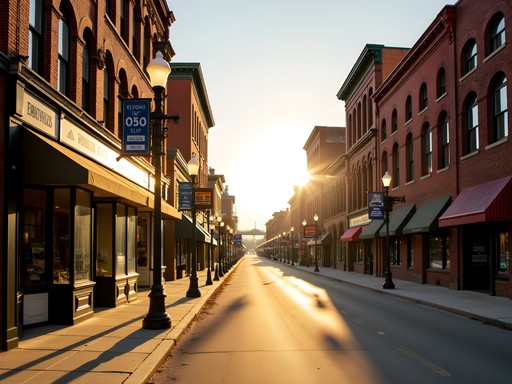 Historic Main Street Evansville Indiana with morning light on brick architecture