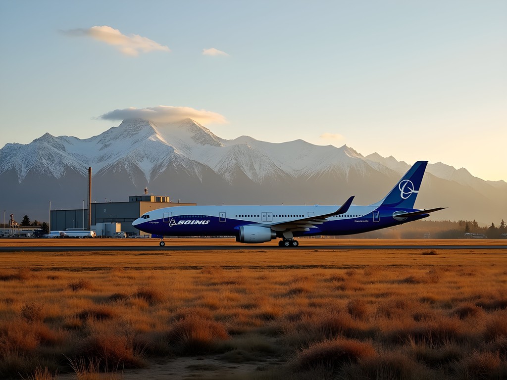 Boeing Everett Factory with snow-capped Cascade Mountains in background during golden hour light