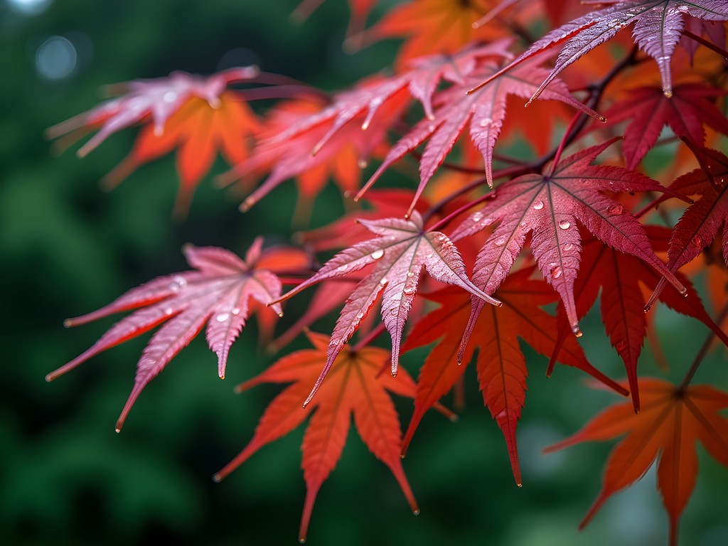 Vibrant red Japanese maple leaves with raindrops at Evergreen Arboretum in Everett during fall