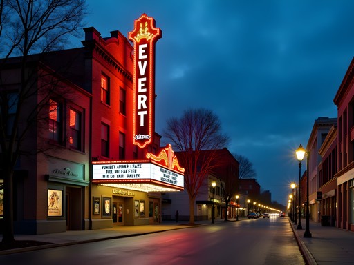 Historic Everett Theatre marquee illuminated against deep blue twilight sky in downtown Everett