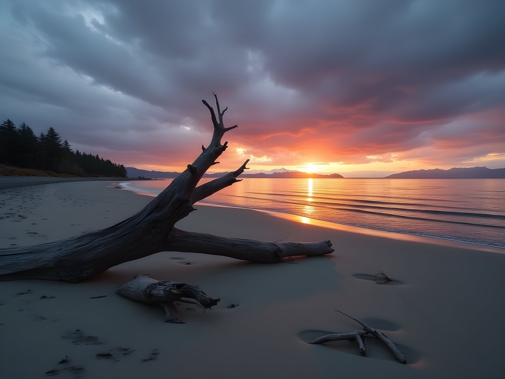 Minimalist beach scene on Jetty Island with weathered driftwood against dramatic fall sunset