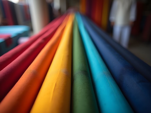 Gradient display of colorful textile bolts in Faisalabad market stall