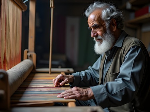 Elderly Pakistani textile worker operating traditional loom in Faisalabad market