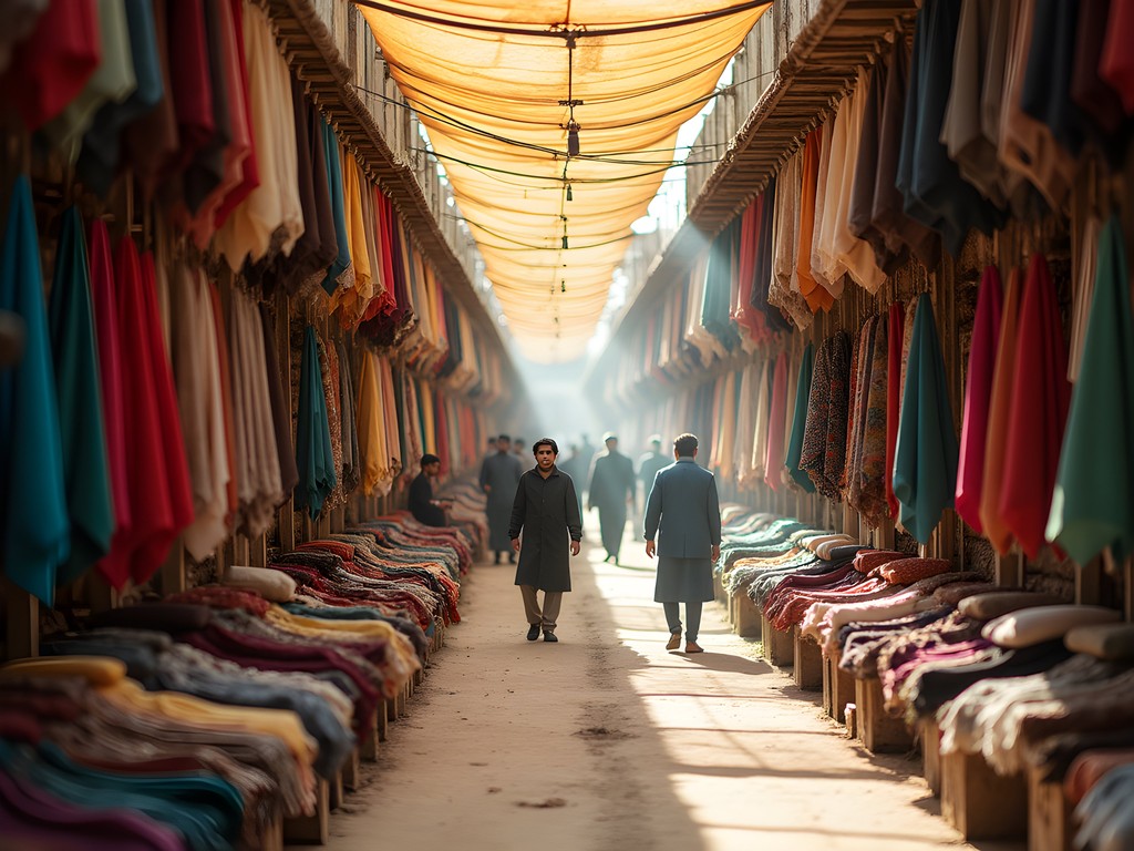 Man observing bustling textile market in Faisalabad from elevated position