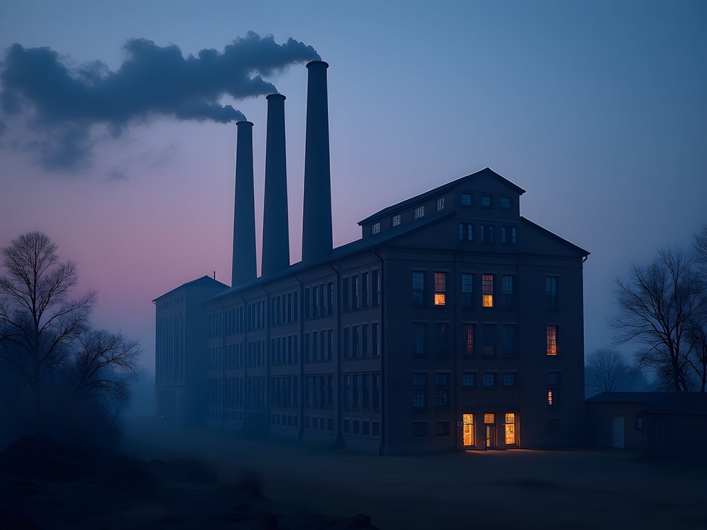 Historic textile mill in Faisalabad at dawn with atmospheric lighting