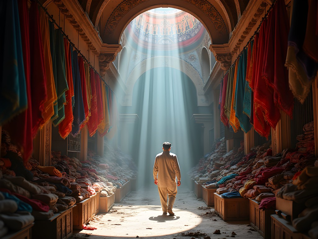 Vibrant fabric displays at Ghanta Ghar Cloth Market with dramatic lighting