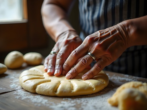 Close-up of hands preparing traditional Paraguayan chipa bread at Fernando de la Mora market