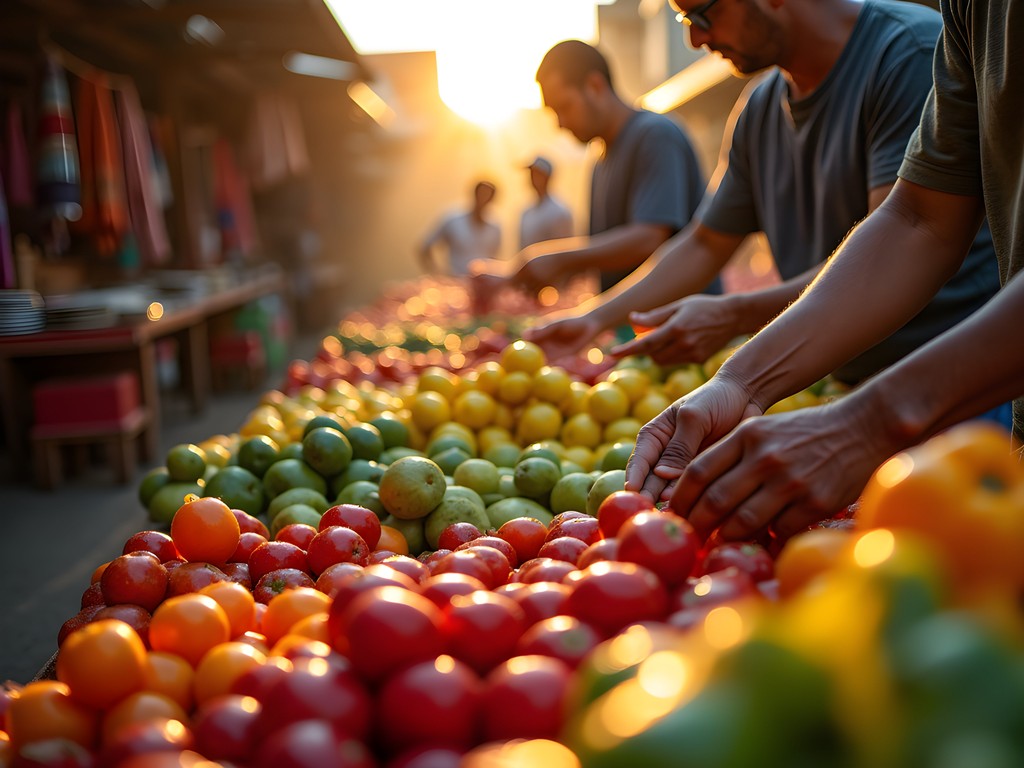 Early morning light at Fernando de la Mora municipal market with vendors setting up colorful produce displays