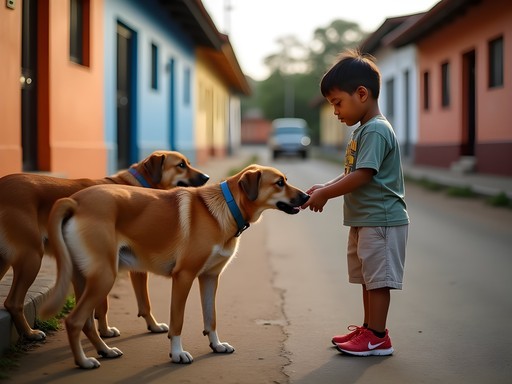 Local Paraguayan child feeding friendly street dogs in Fernando de la Mora neighborhood