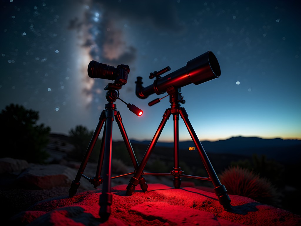Astrophotography gear setup with camera on tripod under starry sky