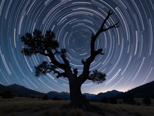 Star trails circling around Polaris above ancient bristlecone pine tree near Flagstaff