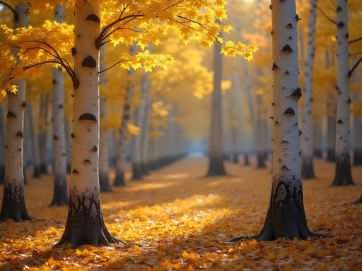 Golden aspen trees in fall with sunlight filtering through leaves in Coconino National Forest near Flagstaff