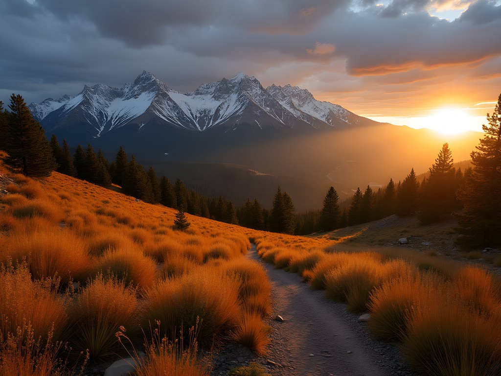 Golden sunrise light illuminating San Francisco Peaks from Buffalo Park in Flagstaff, Arizona