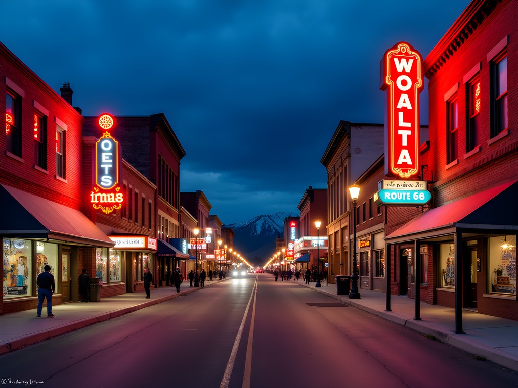 Historic Route 66 in downtown Flagstaff at dusk with neon signs illuminated