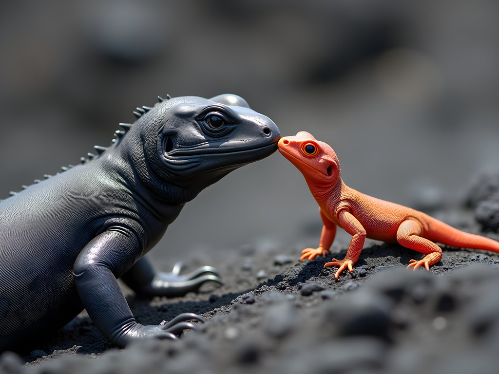 Intimate wildlife moment between marine iguana and lava lizard on Santiago Island, Galápagos