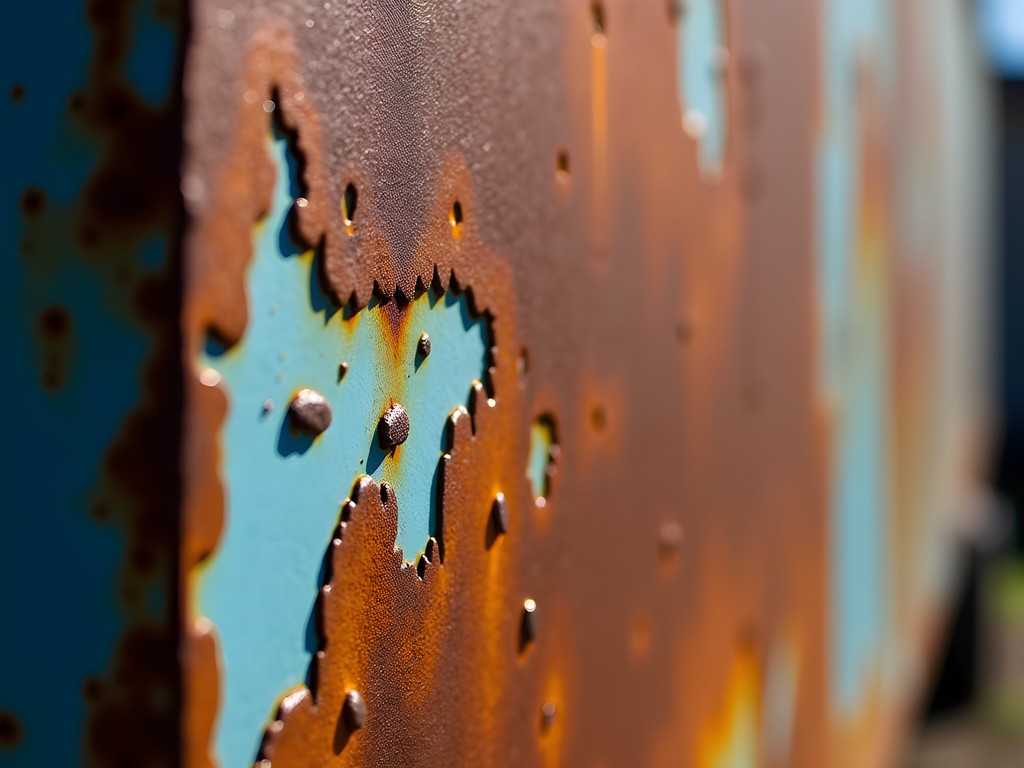 Close-up of rusted industrial machinery with peeling paint and oxidized metal textures