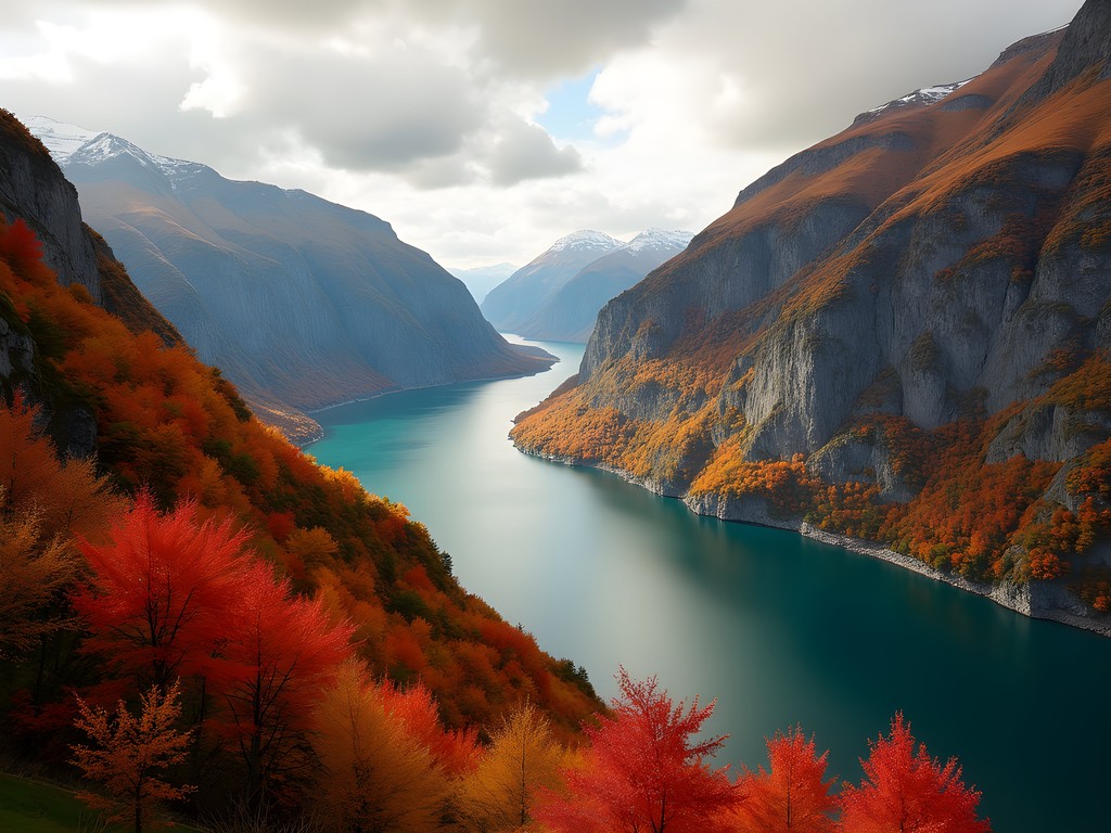 Geiranger Fjord in autumn with vibrant fall colors contrasting with emerald waters
