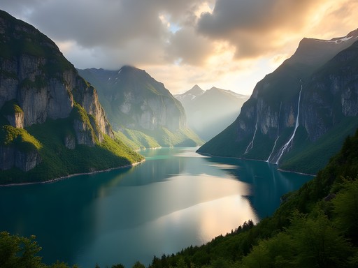 Geiranger Fjord bathed in golden hour light with dramatic shadows across mountains