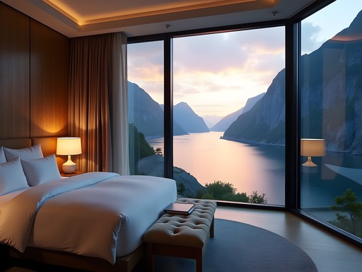 Luxury hotel room with panoramic windows overlooking Geiranger Fjord at sunset