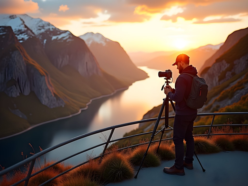 Female photographer capturing sunset at Eagle's Bend viewpoint above Geiranger Fjord