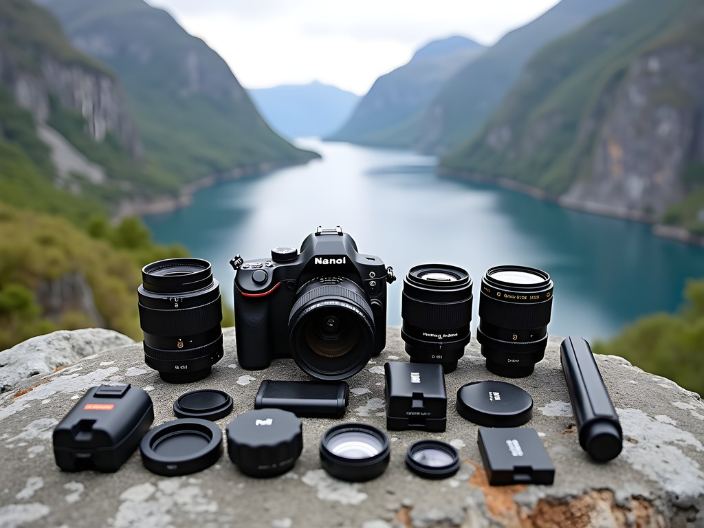 Photographer's equipment laid out with Geiranger Fjord in background