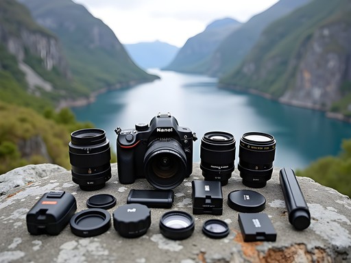 Photographer's equipment laid out with Geiranger Fjord in background