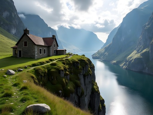 Historic Skageflå farm perched on cliff edge with Seven Sisters waterfall visible across Geiranger Fjord