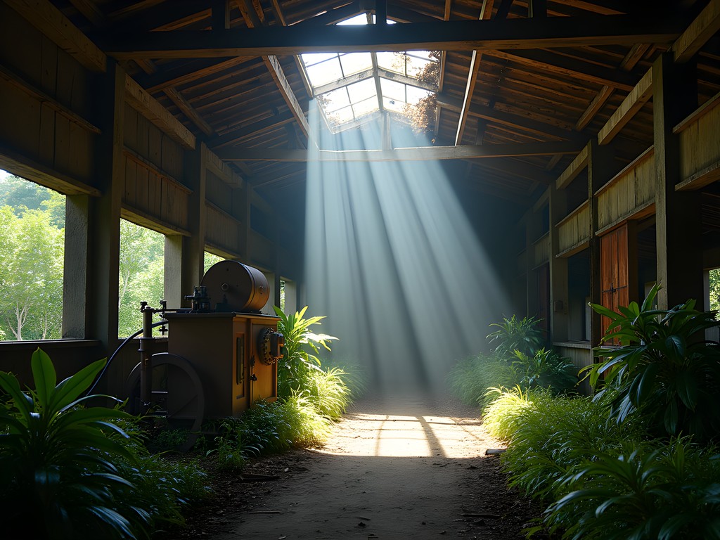 Abandoned cocoa processing facility with light beams through collapsed roof