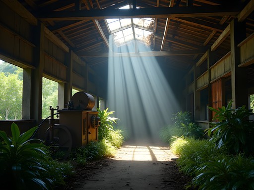 Abandoned cocoa processing facility with light beams through collapsed roof