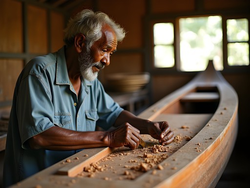 Traditional boat builder in his Georgetown workshop crafting wooden fishing vessel