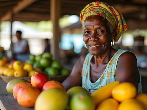 Portrait of market vendor with colorful tropical fruits in Georgetown market