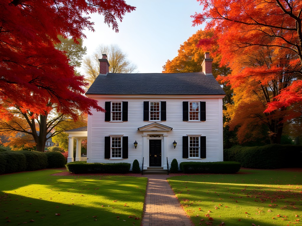 Historic Bush-Holley House framed by autumn foliage in Greenwich Connecticut