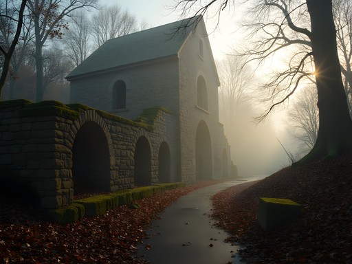 Foggy morning at abandoned mill ruins in Mianus River Park, Greenwich