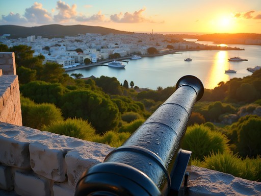 Panoramic view of Hamilton Harbor from Fort Hamilton with historic cannons in foreground