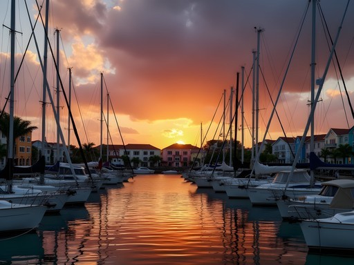Sunset over Hamilton Harbor Bermuda with silhouetted boats and city lights