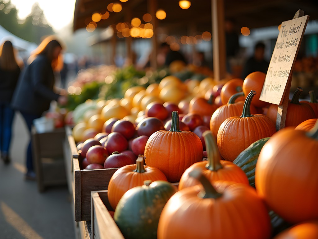 Vibrant fall produce display at Hillsboro Farmers' Market with warm morning light
