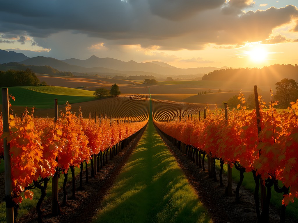 Golden hour light over Tualatin Valley vineyard with fall colors and misty mountains