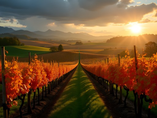 Golden hour light over Tualatin Valley vineyard with fall colors and misty mountains