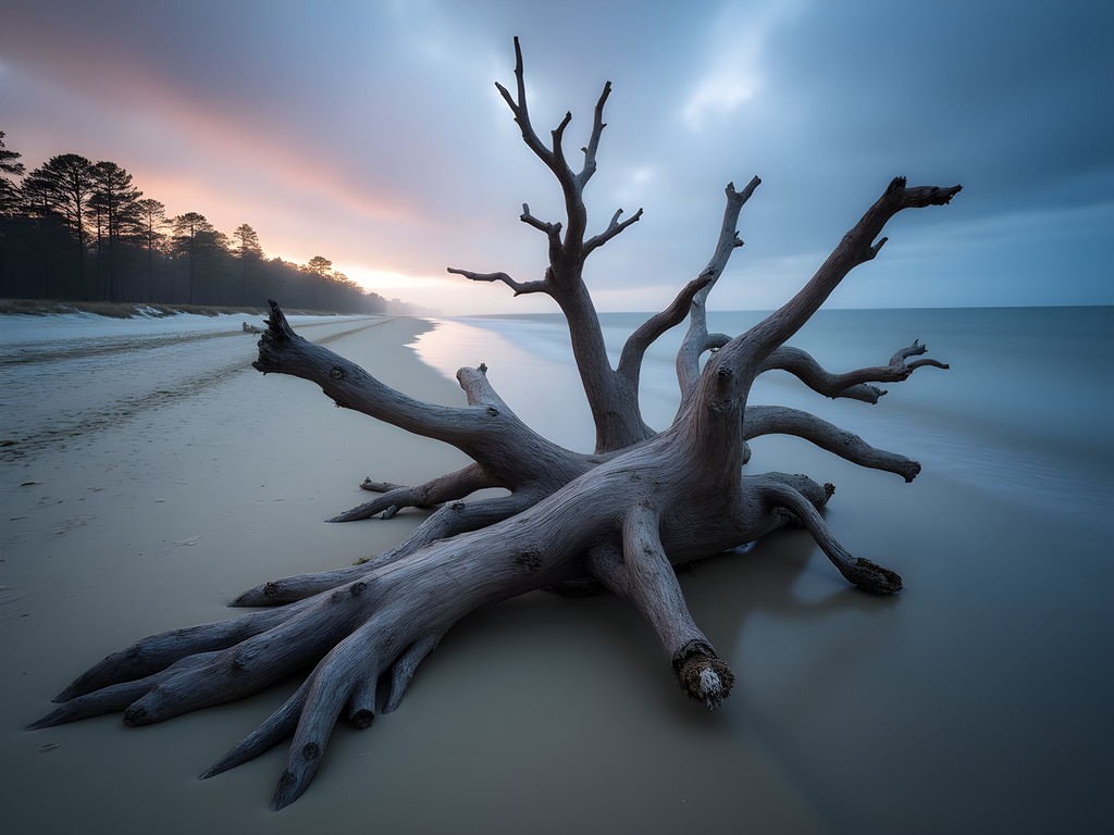 Foggy morning at Hunting Island beach boneyard with weathered driftwood trees