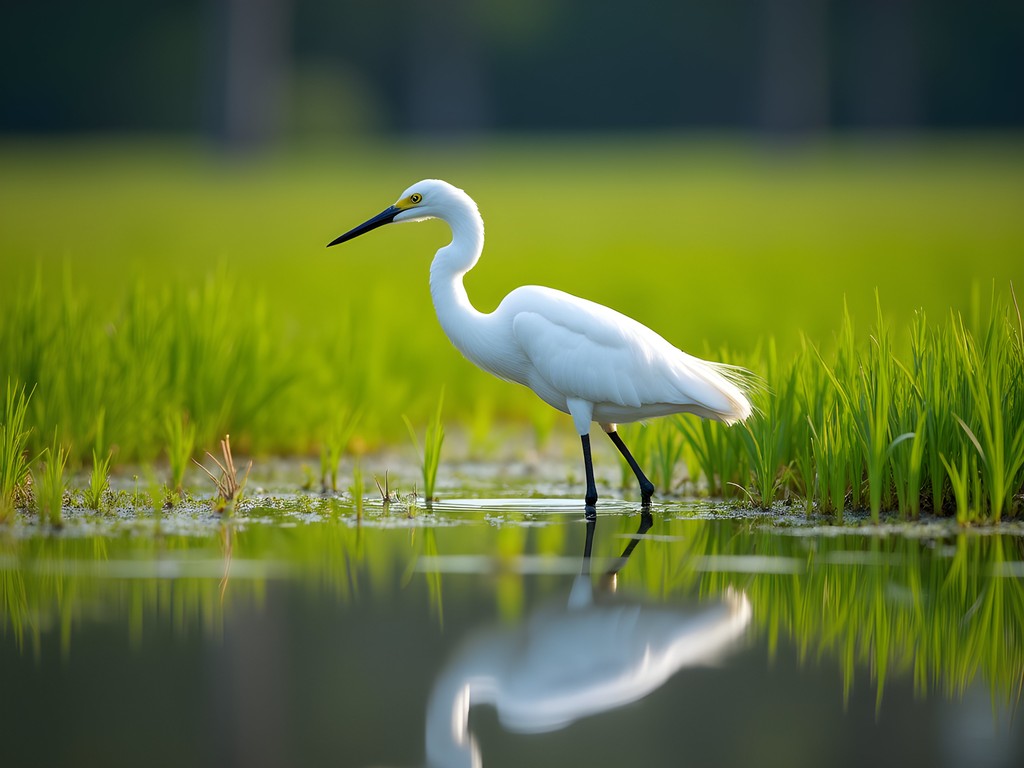 Great egret hunting in green marsh grasses at Pinckney Island Wildlife Refuge near Hilton Head
