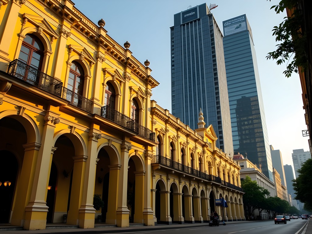 Contrast between French colonial architecture and modern skyscrapers in Ho Chi Minh City District 1