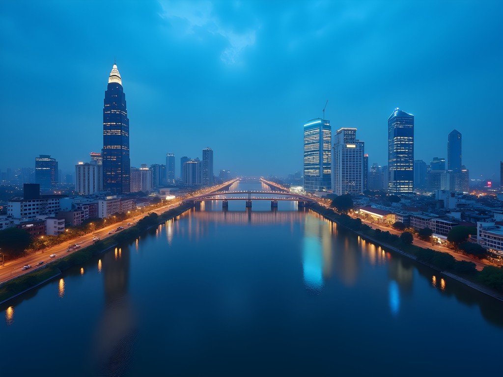 Ho Chi Minh City skyline at blue hour with Bitexco Financial Tower and reflections in Saigon River