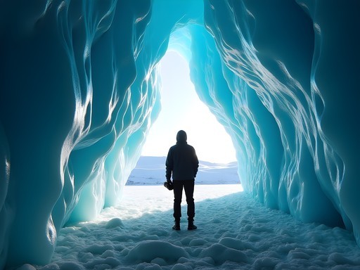 Silhouette of photographer against brilliant blue ice cave entrance