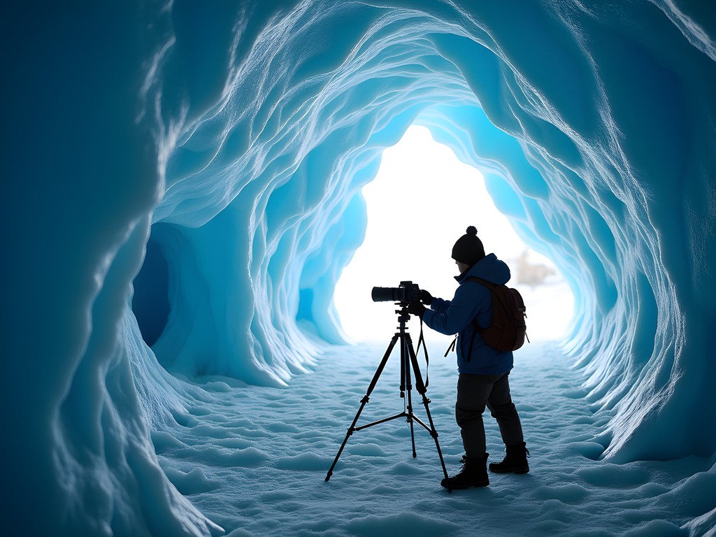 Photographer with tripod and camera setup inside blue ice cave
