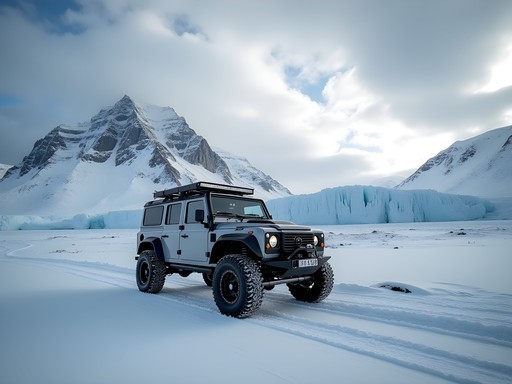 Super jeep approaching Vatnajökull glacier near Höfn, Iceland