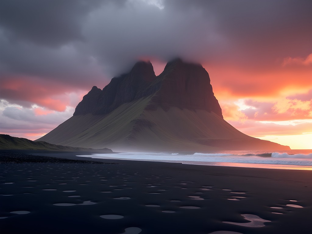 Dramatic Vestrahorn mountain rising above black sand beach near Höfn