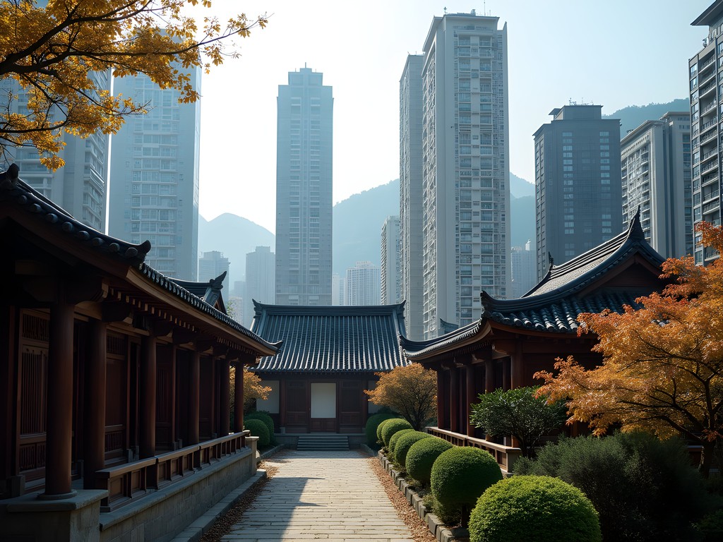 Traditional Tang dynasty architecture of Chi Lin Nunnery juxtaposed against modern Hong Kong apartment towers