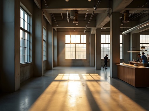 Converted industrial space in Sham Shui Po with dramatic light filtering through factory windows