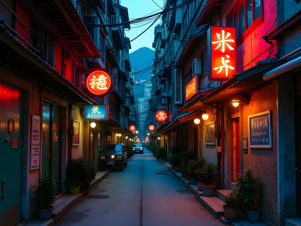 Vintage neon signs and hand-painted typography in a Hong Kong back alley during blue hour